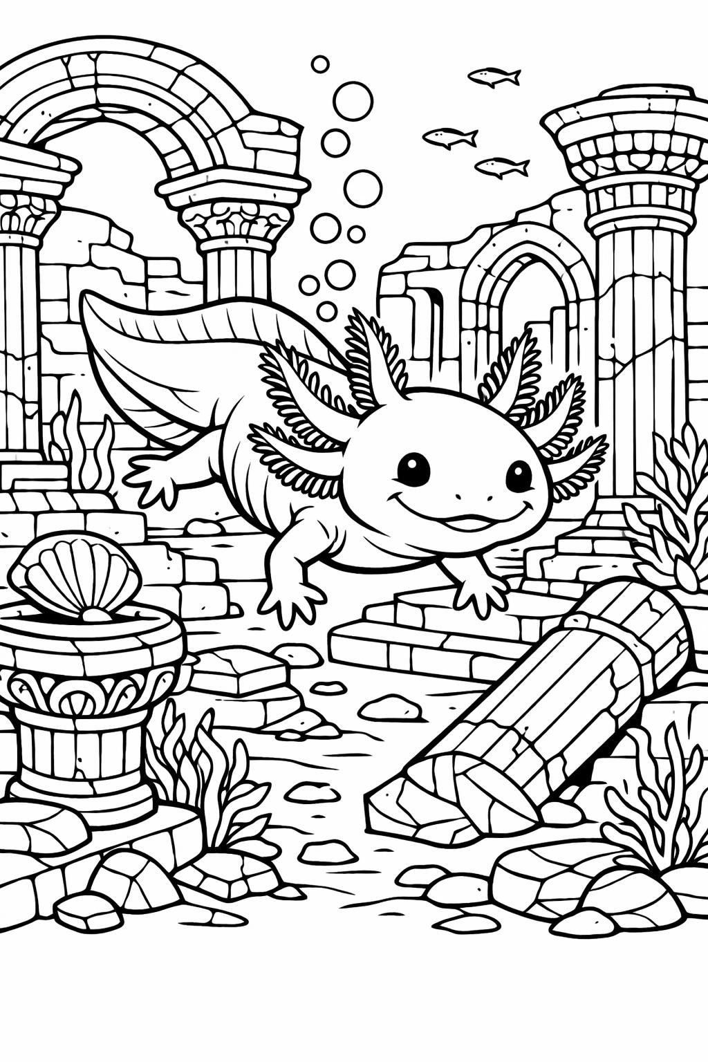 kawaii axolotl coloring page | adorable amphibian design | playful coloring page