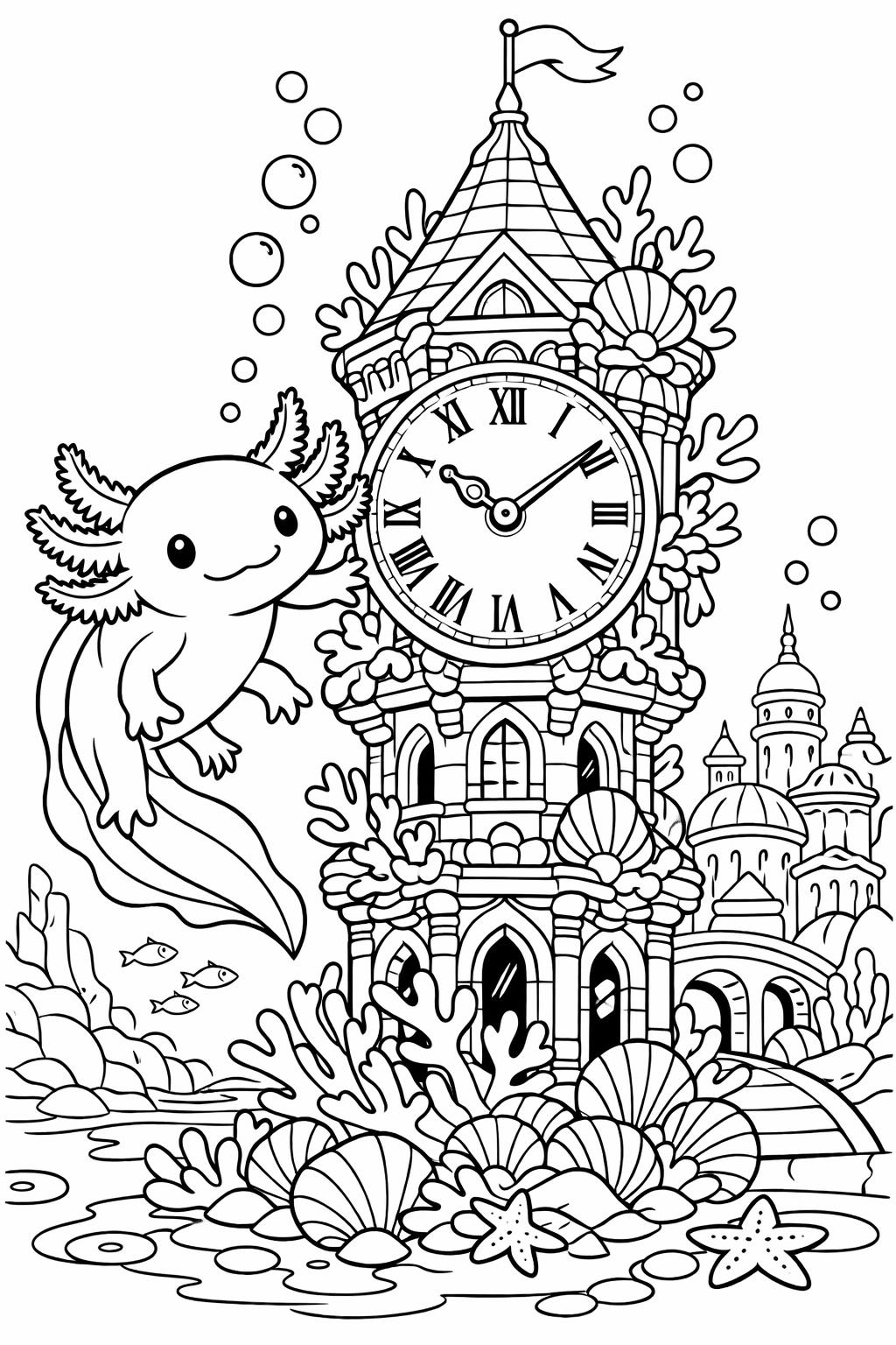 cartoon axolotl coloring page | cheerful amphibian character | playful coloring sheet