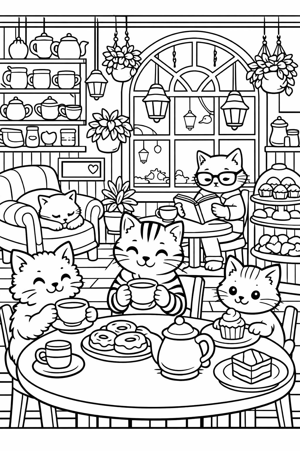 cat landscape coloring page | scenic feline outdoor scene | relaxing animal artwork