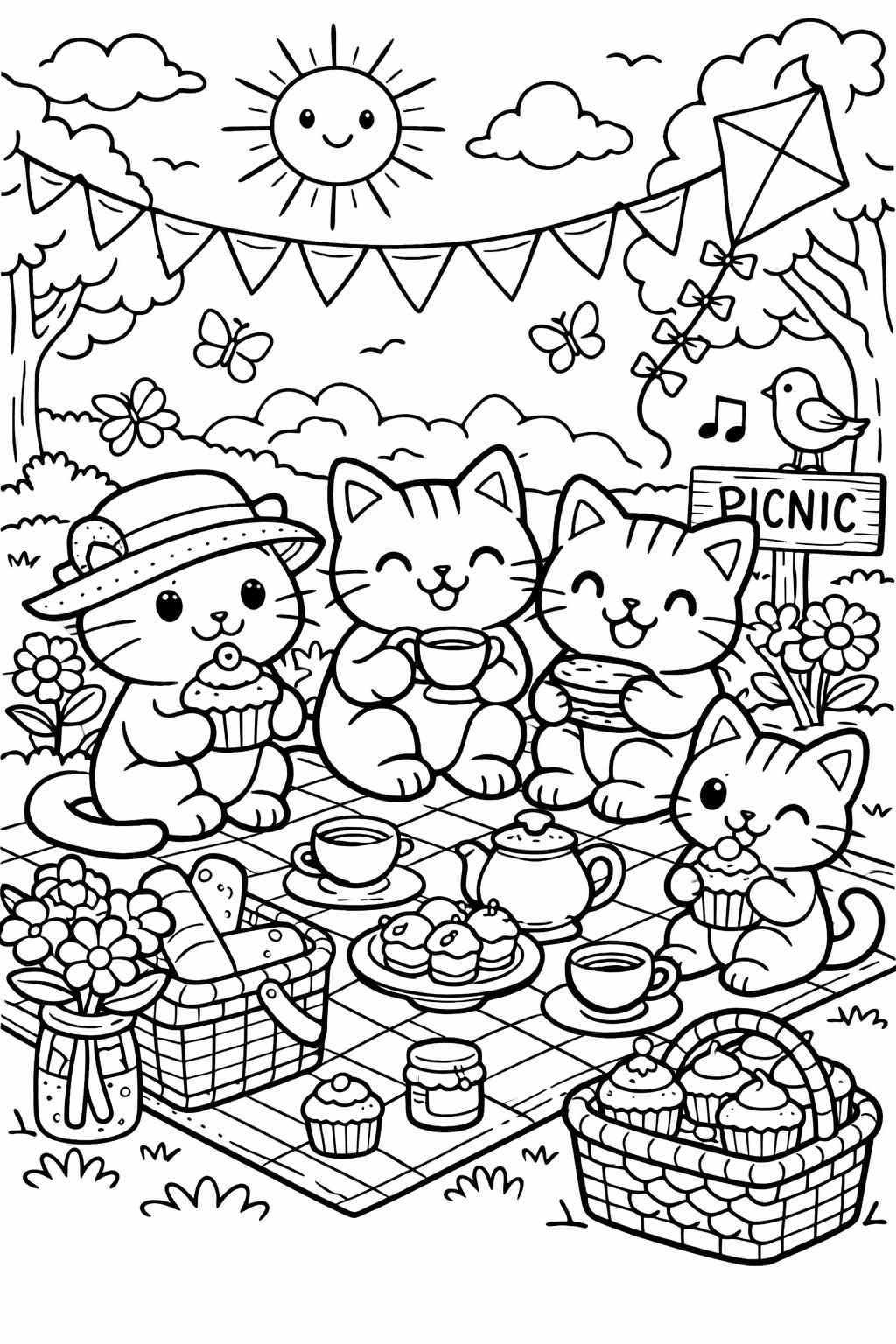 cat in garden coloring page | outdoor feline illustration | peaceful nature artwork