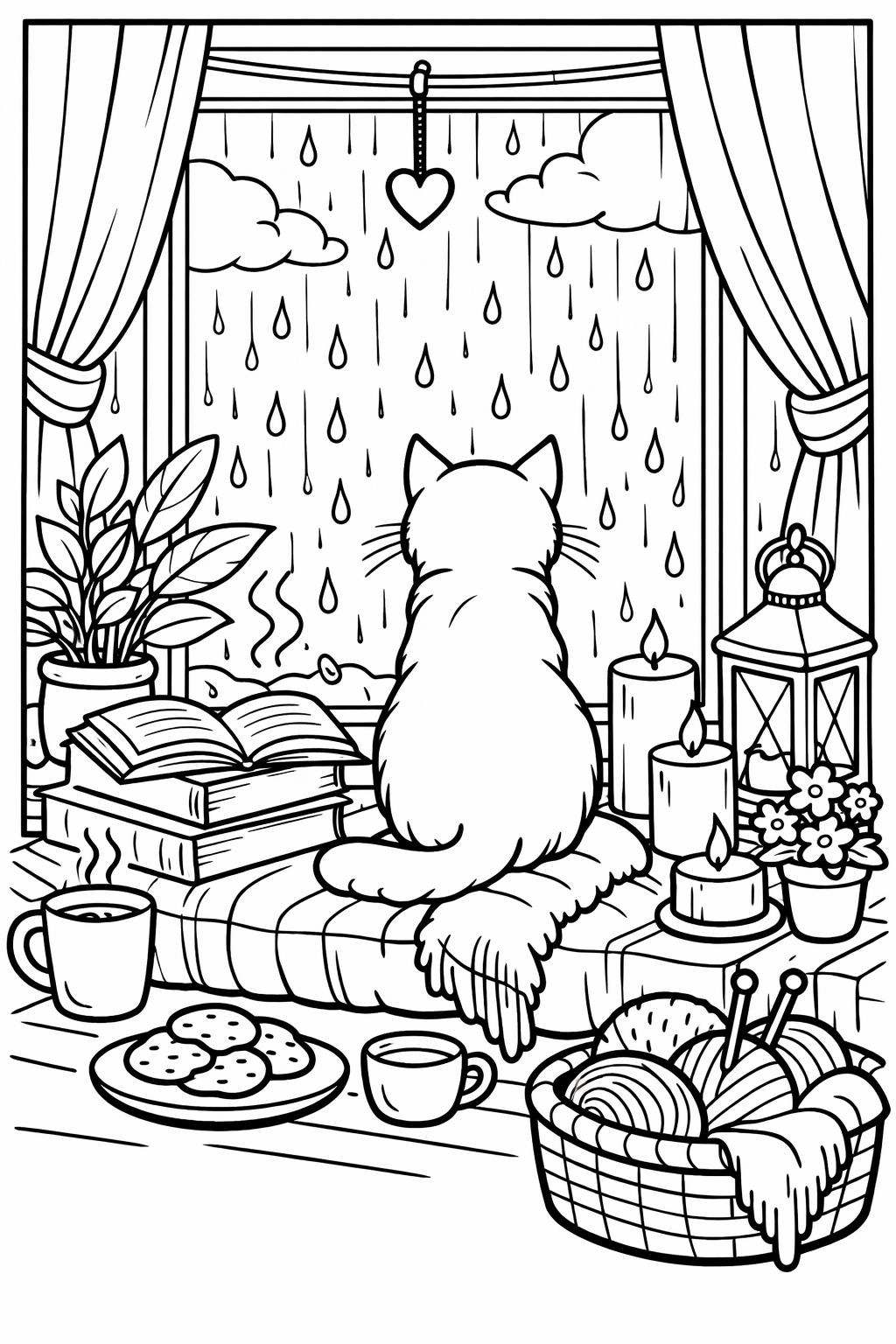 cat with yarn coloring page | playful pet scene | fun animal artwork