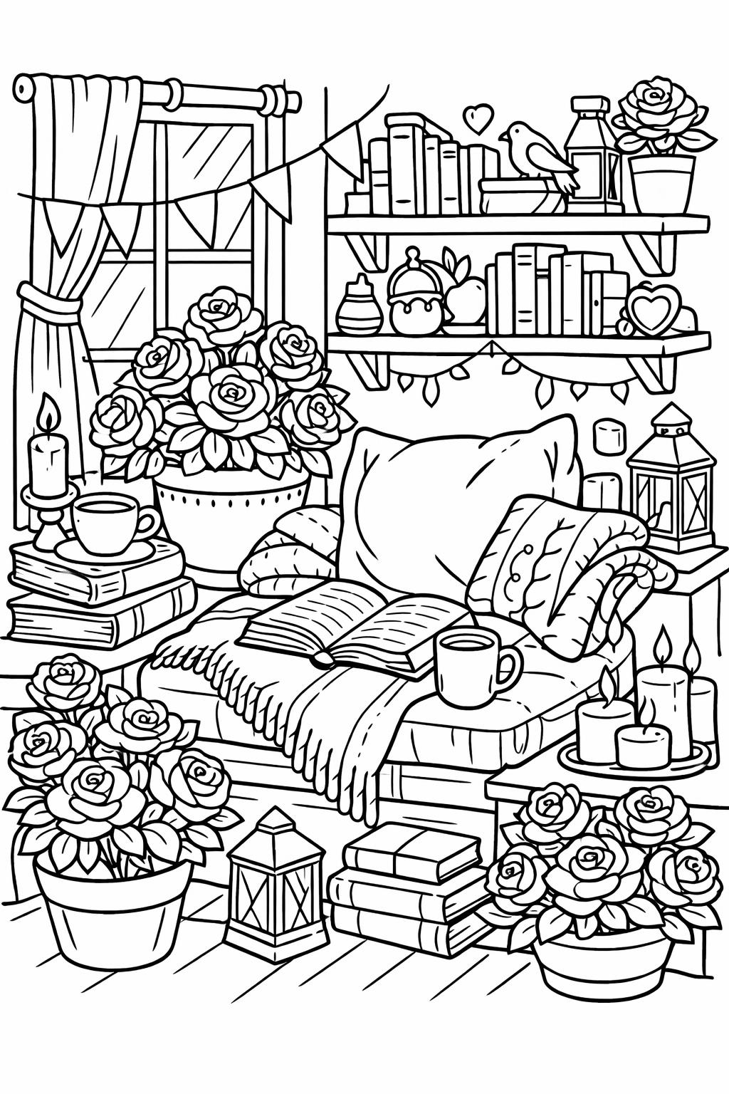 rose bouquet coloring page | floral arrangement illustration | elegant flower artwork