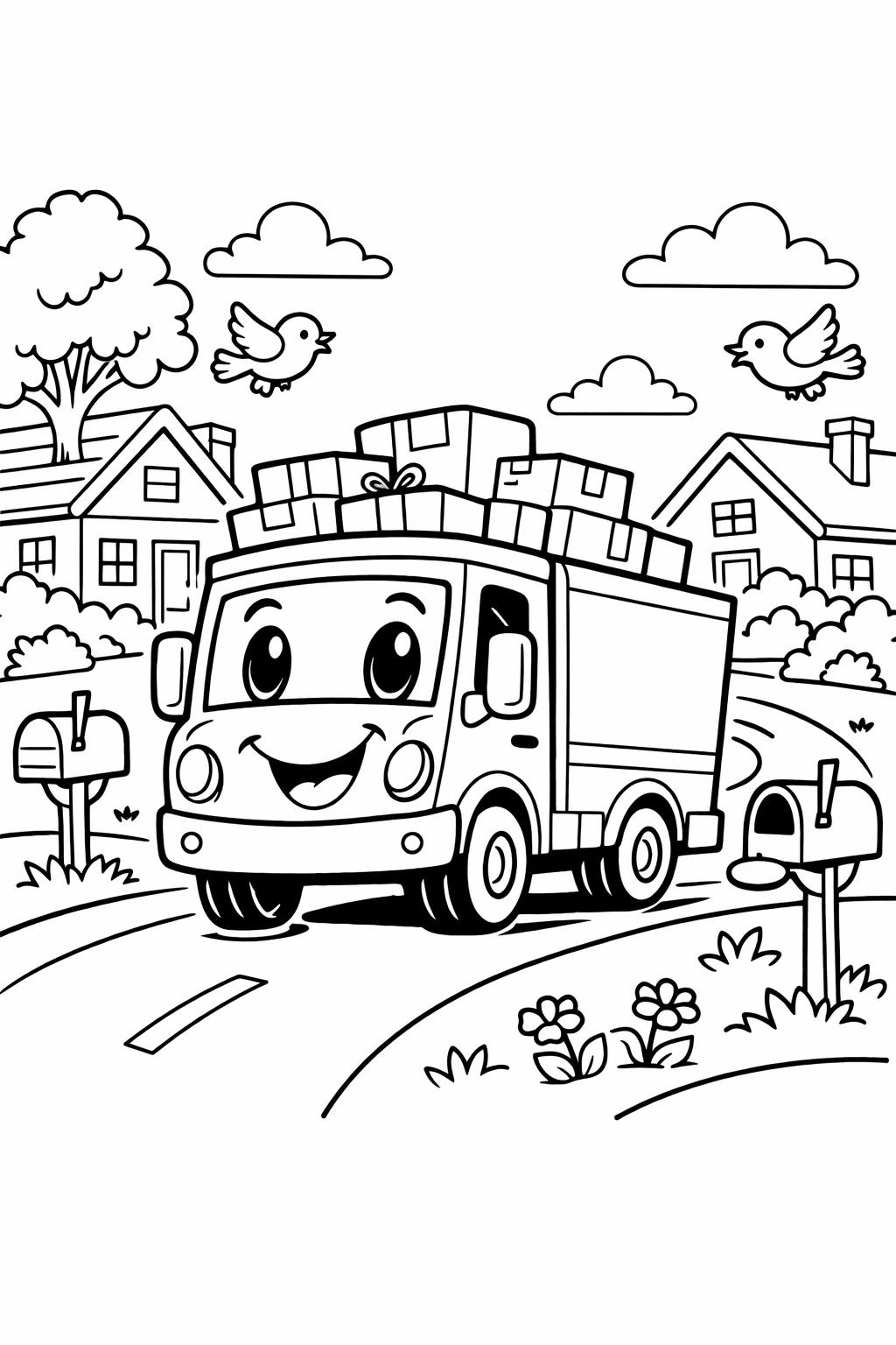 truck landscape coloring page | scenic driving illustration | outdoor vehicle artwork