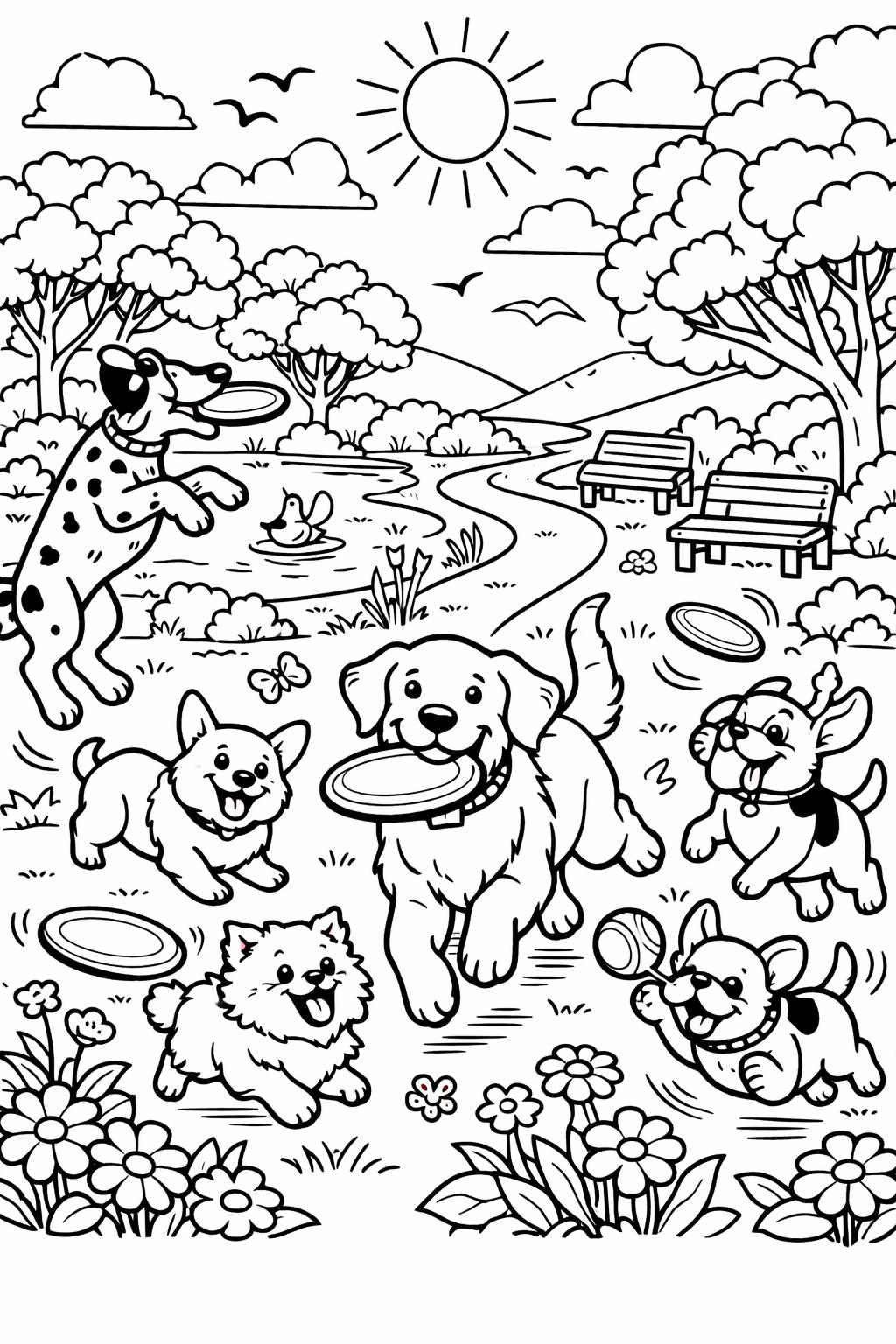 dog with ball coloring page | active puppy scene | fun animal artwork