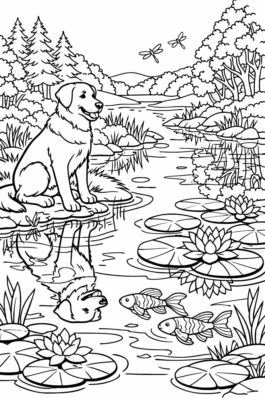 dog in park coloring page | outdoor puppy illustration | peaceful nature artwork