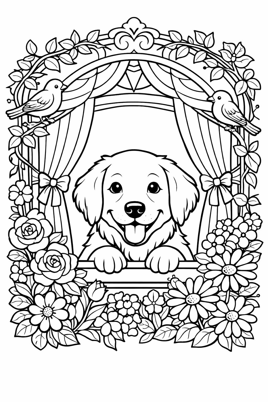 happy dog coloring page | smiling puppy design | cheerful animal illustration