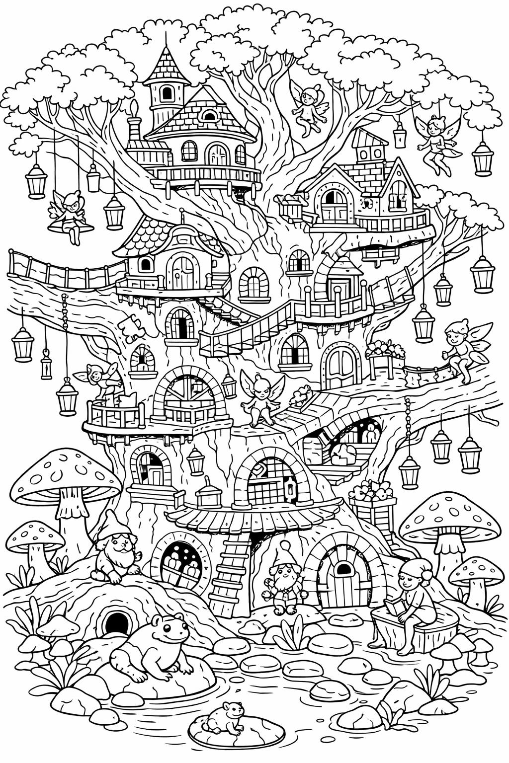 enchanted forest coloring page | magical woodland scene | fantasy nature artwork