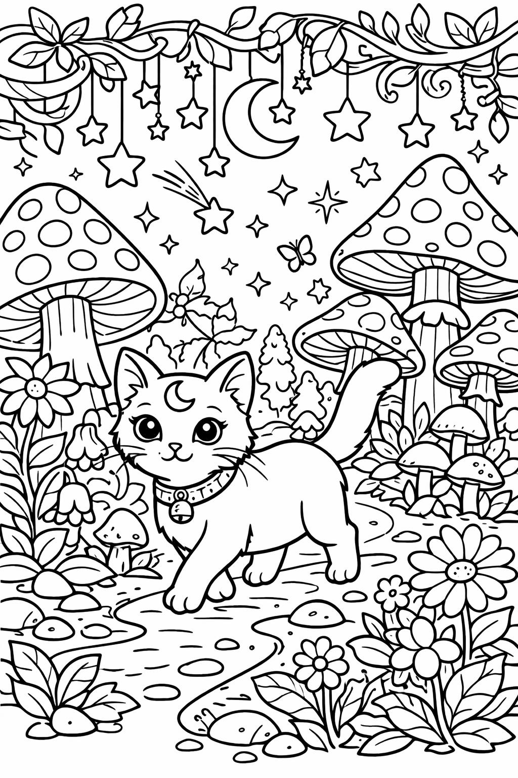 cat and flowers coloring page | floral feline illustration | cute nature design