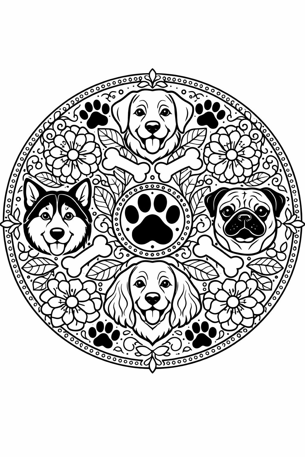 dog and flowers coloring page | floral dog illustration | charming nature design