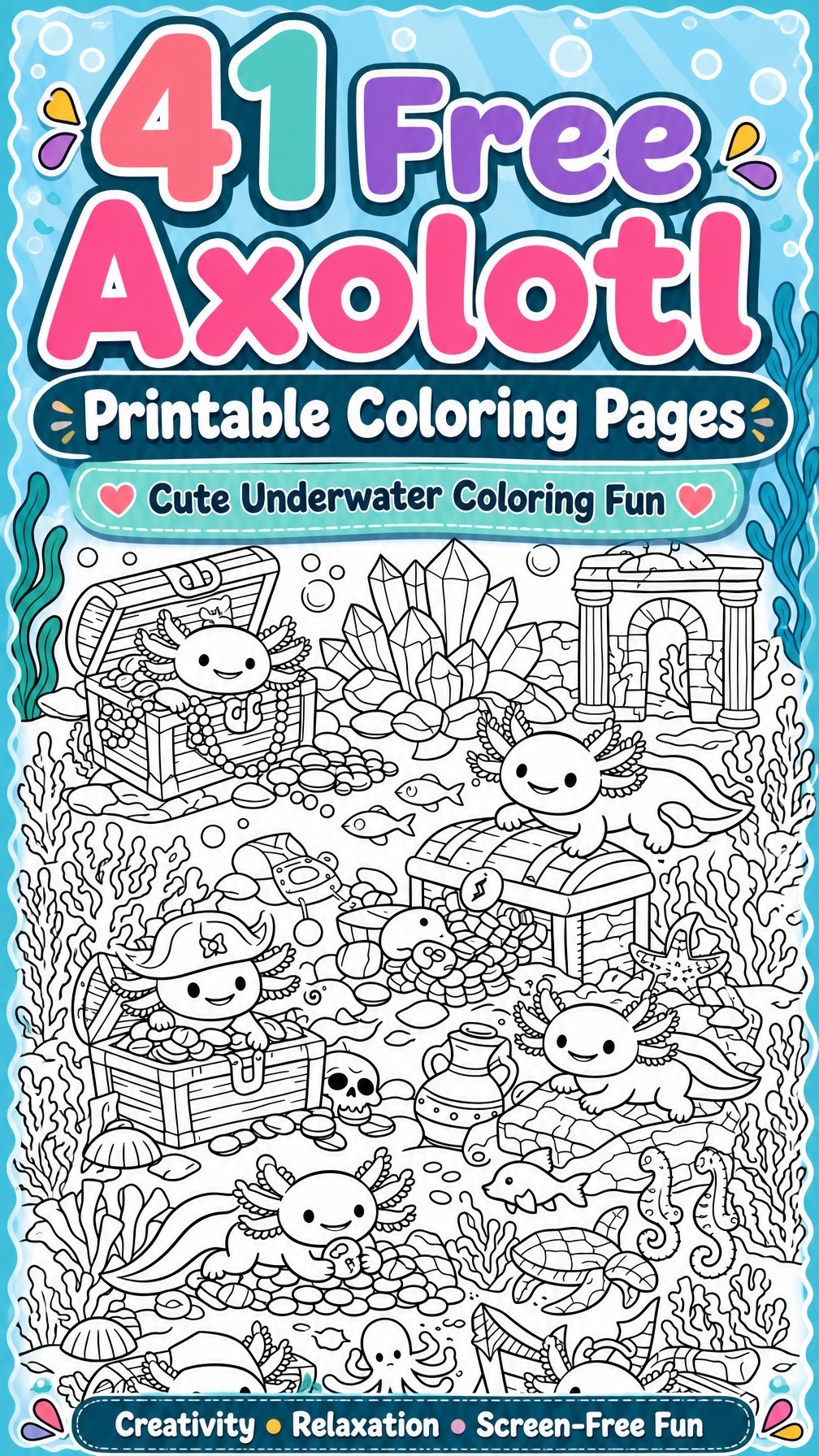 axolotl coloring page | cute axolotl illustration | fun aquatic animal sheet