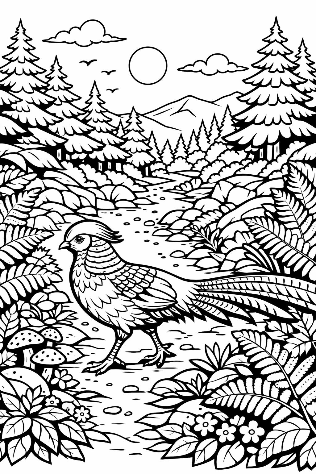 A pheasant stands on a forest path among ferns and rocks, with pine trees and mountains in the distance.