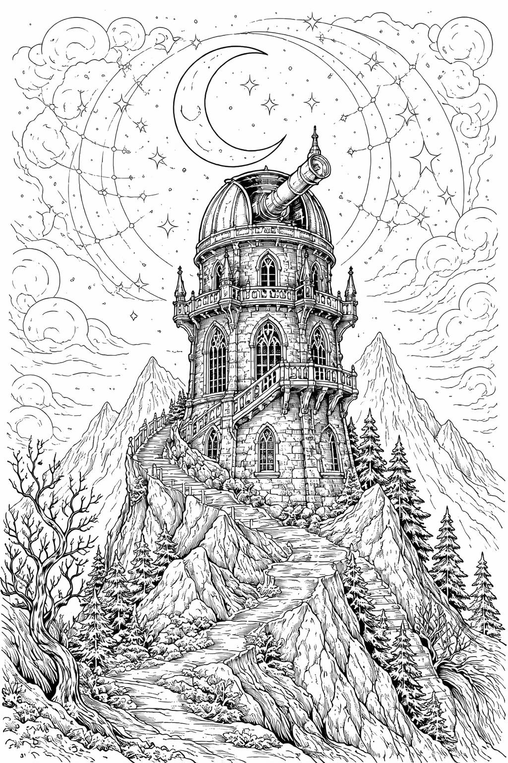 gothic castle coloring page | spooky medieval architecture | intricate gothic design