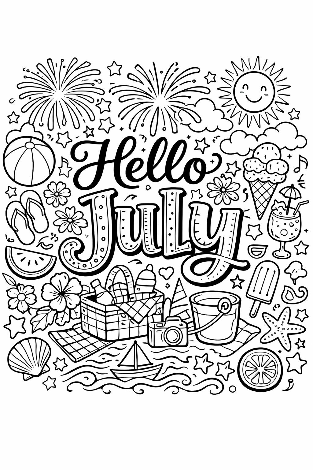 July doodle coloring page | playful seasonal sketches | creative coloring sheet