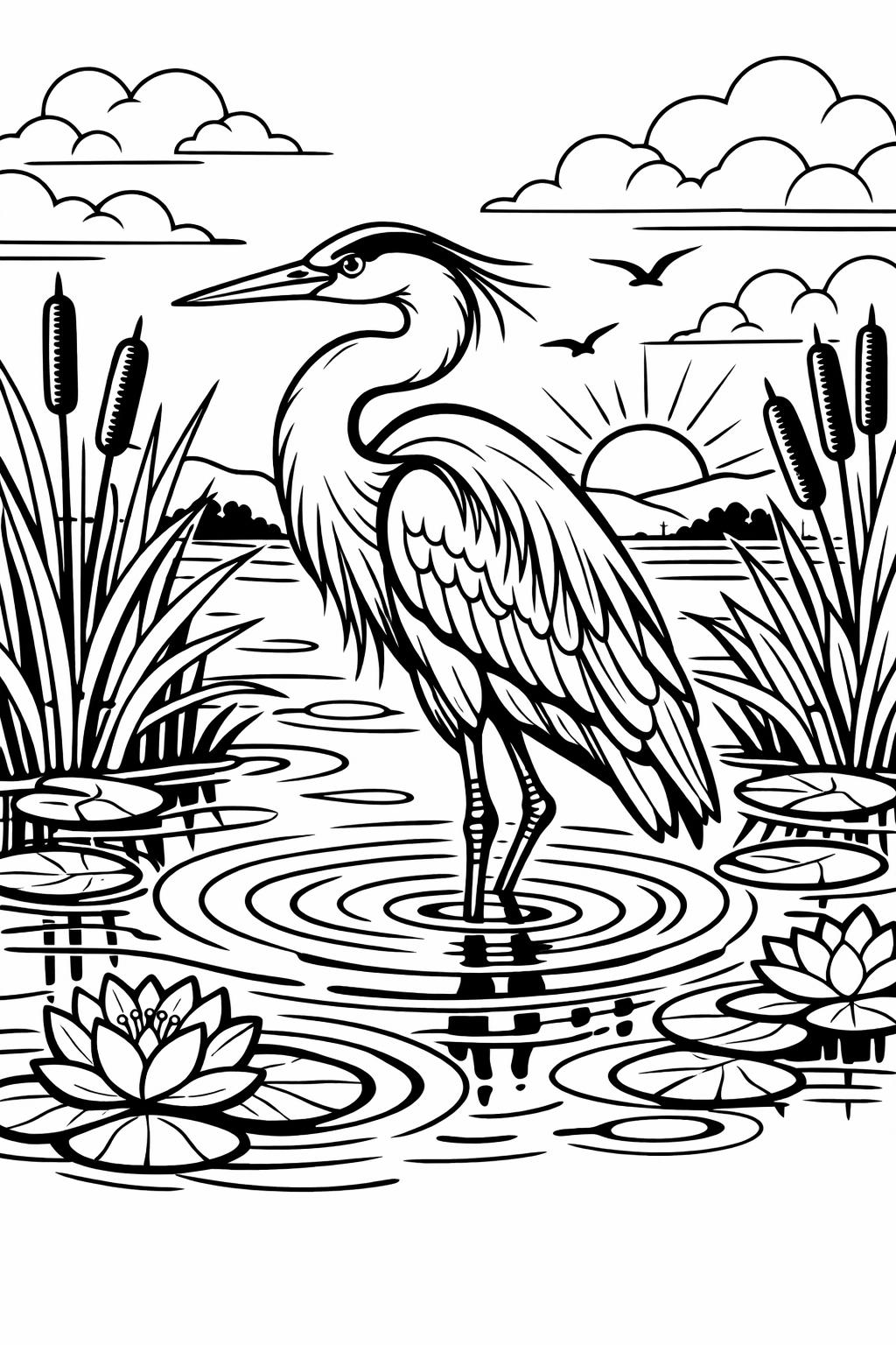 Heron standing in shallow water among cattails and water lilies at sunrise.