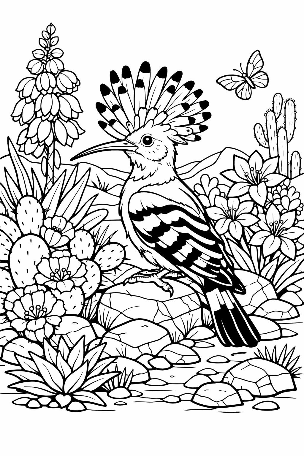 Line drawing of a crested bird in a desert garden with cacti, rocks, flowers, and a butterfly.