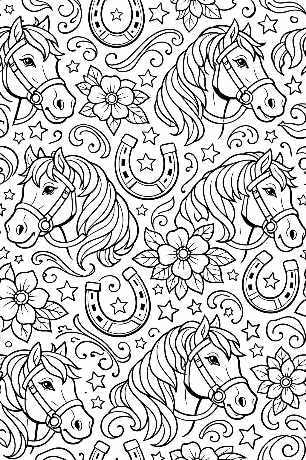 horse landscape coloring page | scenic outdoor horse scene | peaceful nature artwork