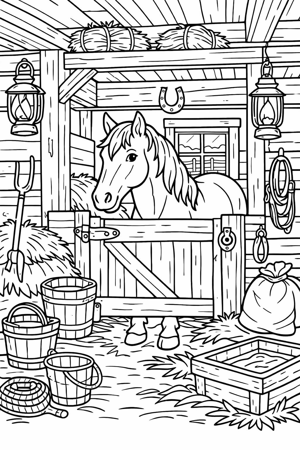horse stable coloring page | farm horse scene | cozy animal artwork