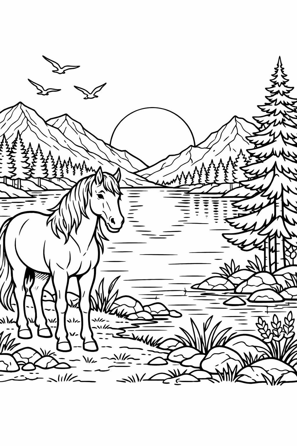 grazing horse coloring page | peaceful horse illustration | relaxing farm design