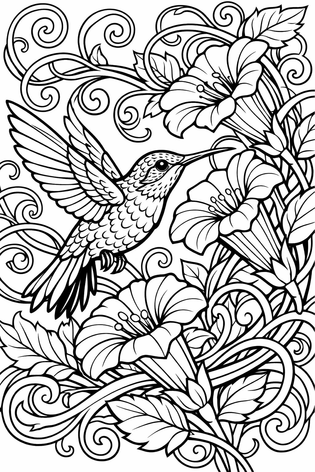 Hummingbird hovering among large flowers and swirling vines in a detailed line drawing, coloring page ready to color.