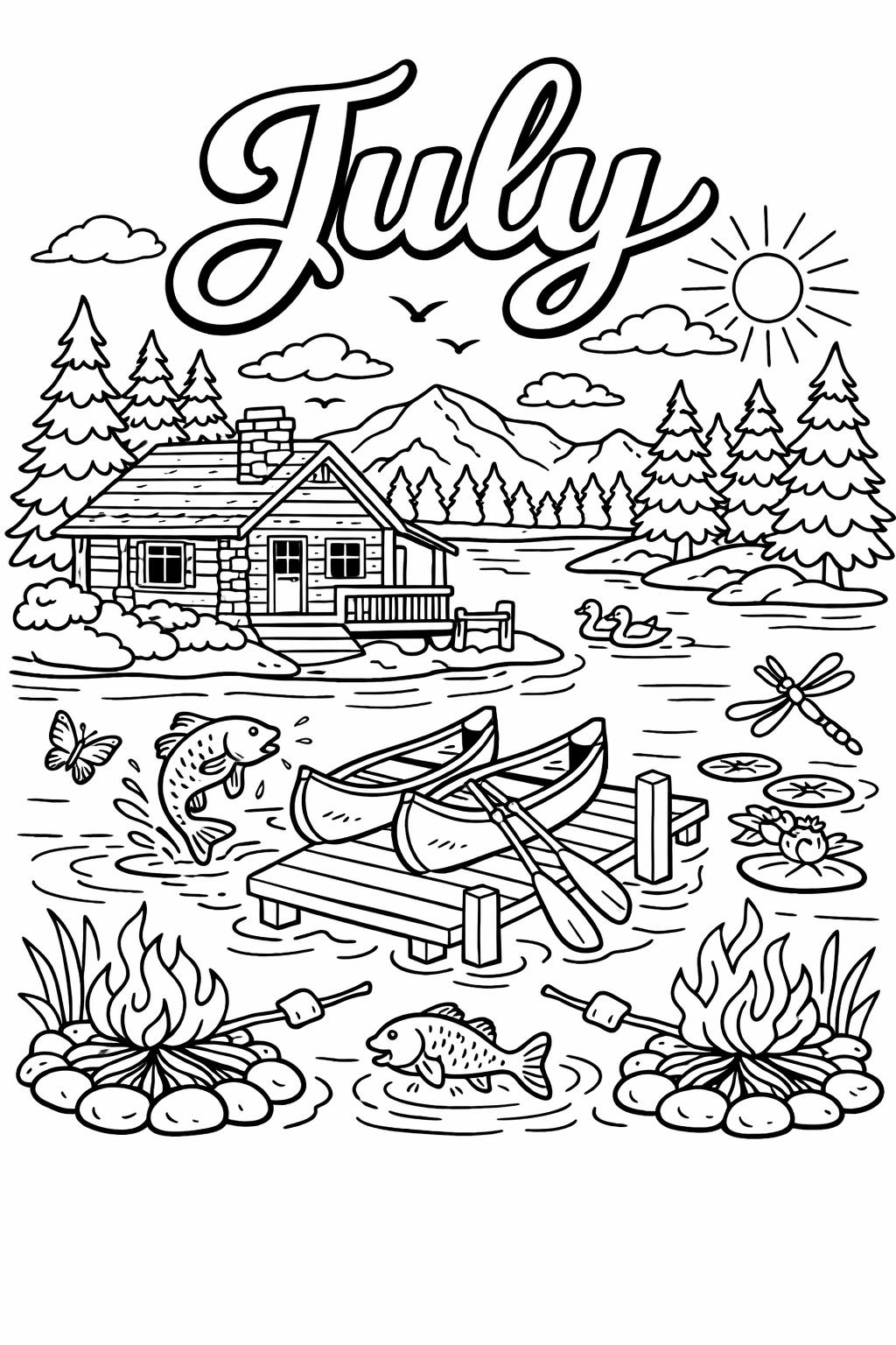 sunny landscape coloring page | bright outdoor scenery | relaxing July artwork