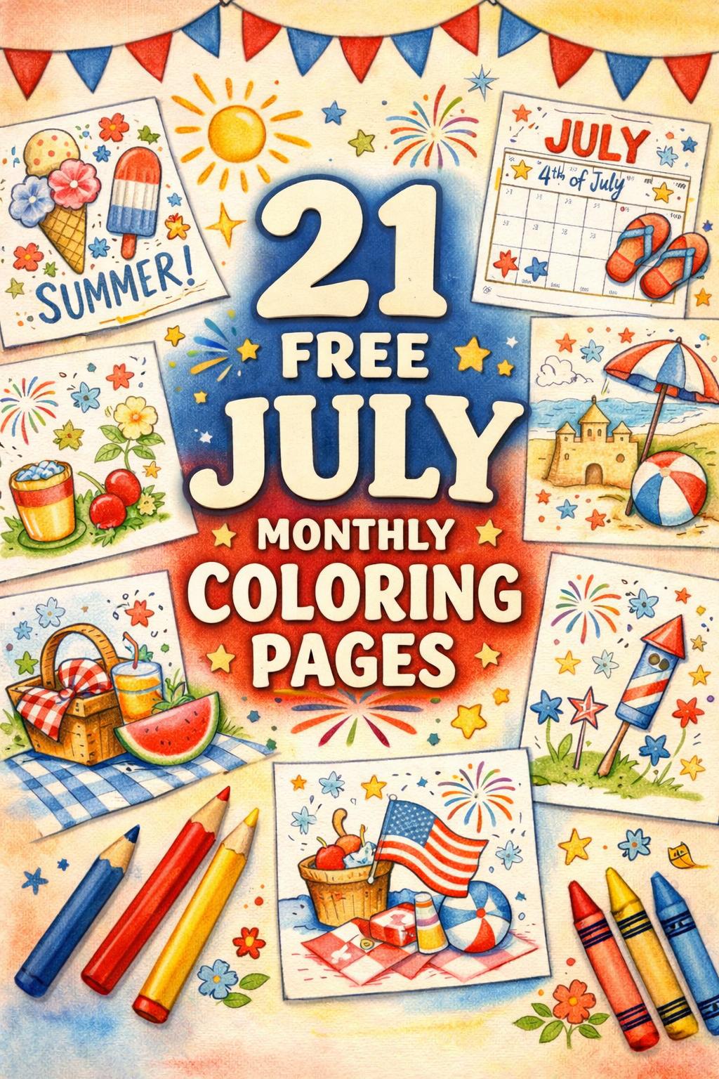 July coloring page | monthly themed coloring sheet | summer coloring design