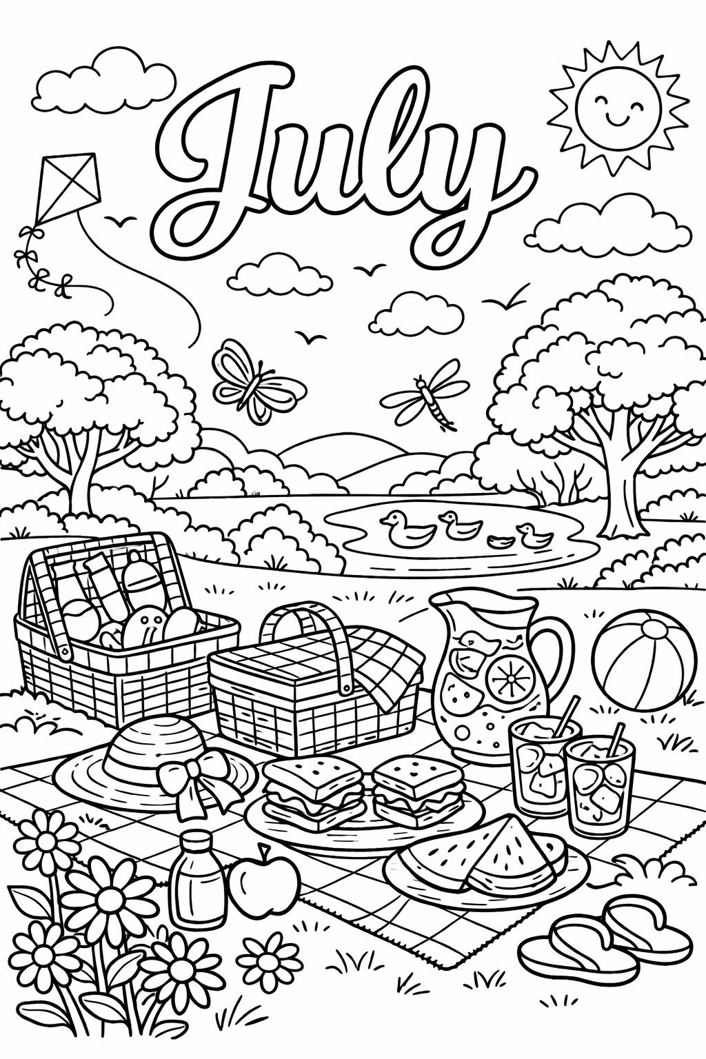 tropical July coloring page | palm tree summer scene | relaxing vacation artwork