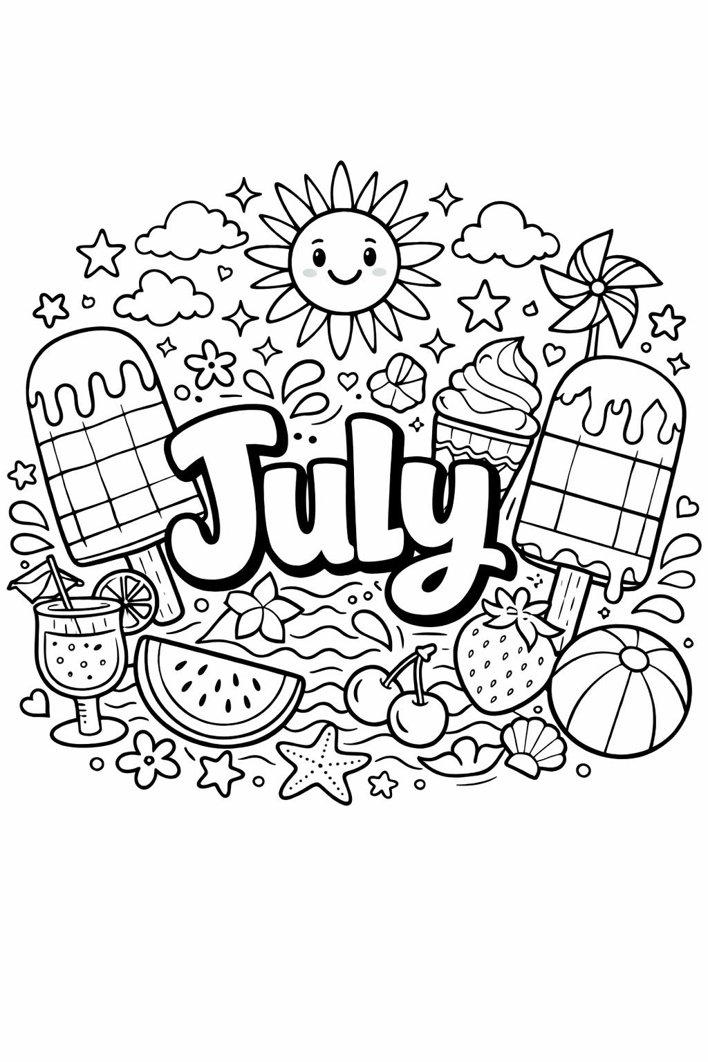 July garden coloring page | blooming summer flowers | peaceful nature artwork