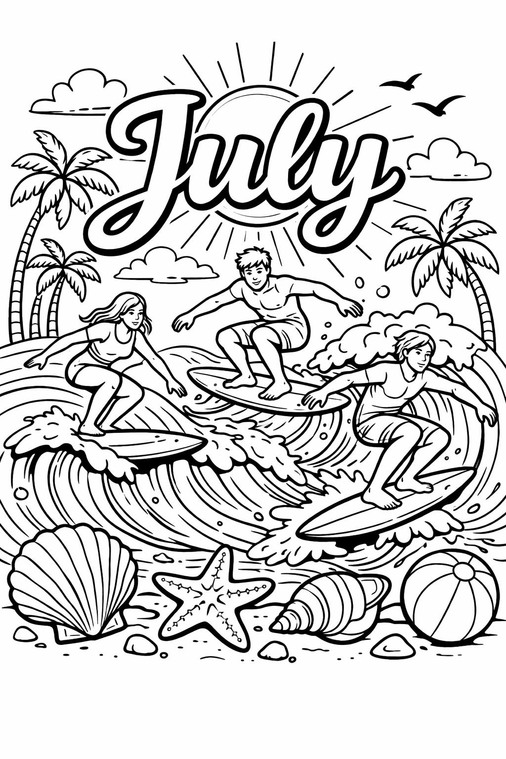 beach July coloring page | ocean summer scene | fun vacation artwork