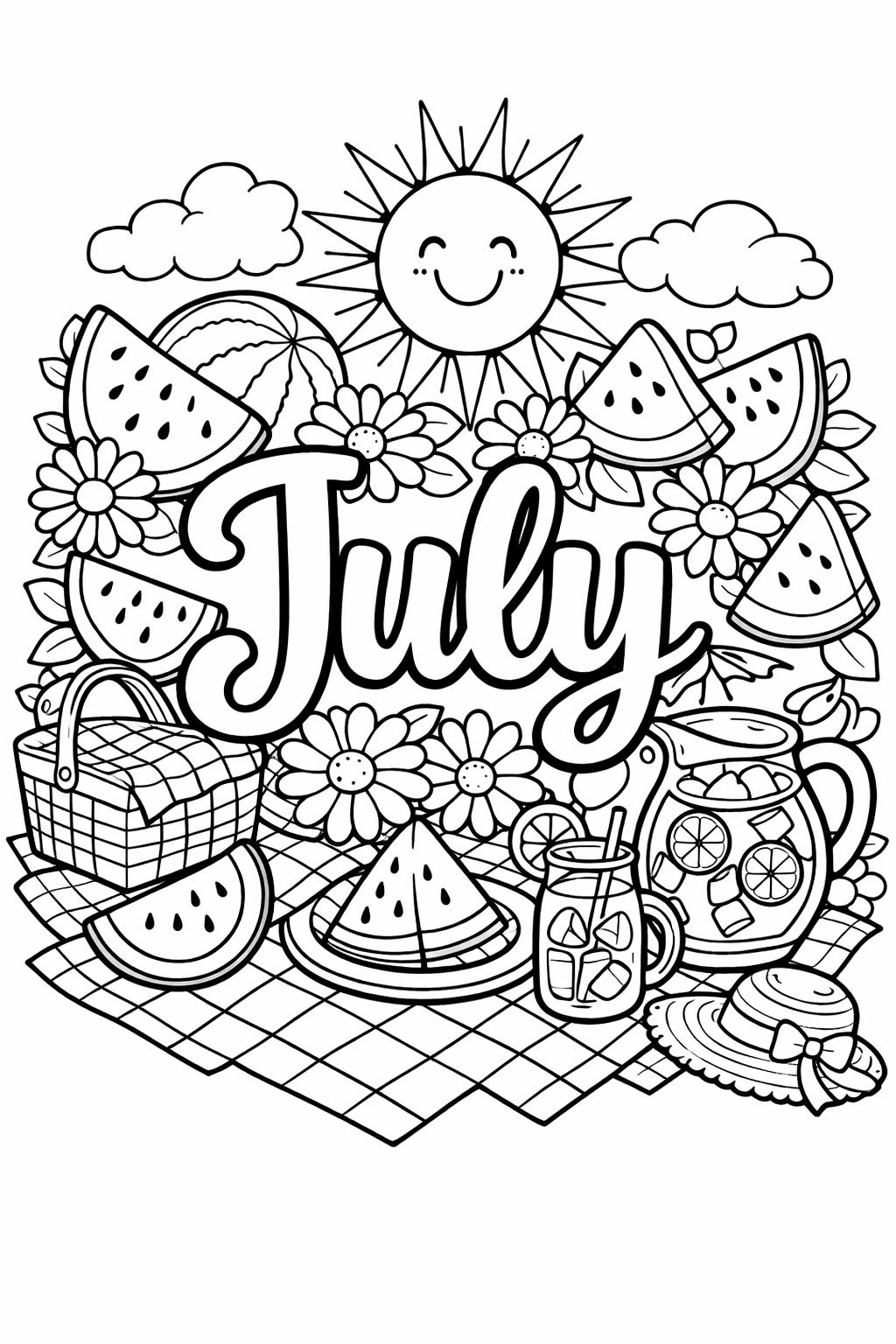 summer July coloring page | sunny seasonal artwork | relaxing summer design
