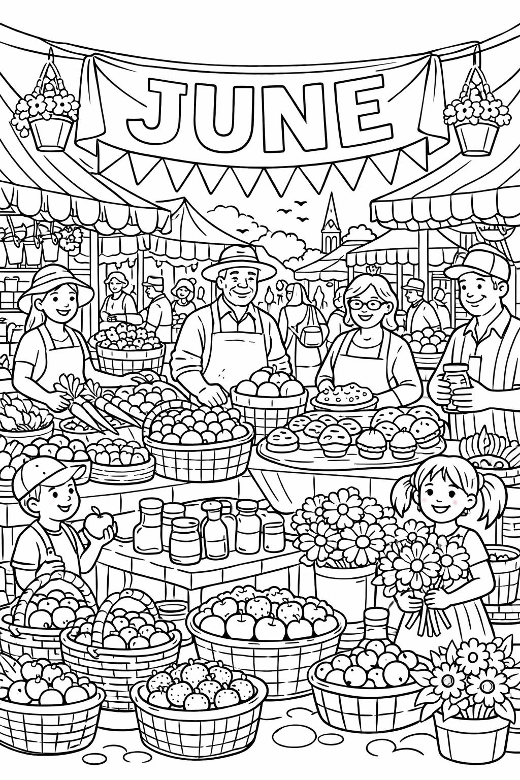 sunny landscape coloring page | bright outdoor scenery | relaxing June illustration