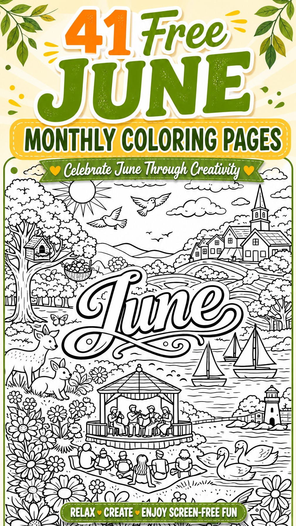 June coloring page | monthly themed coloring sheet | summer coloring design