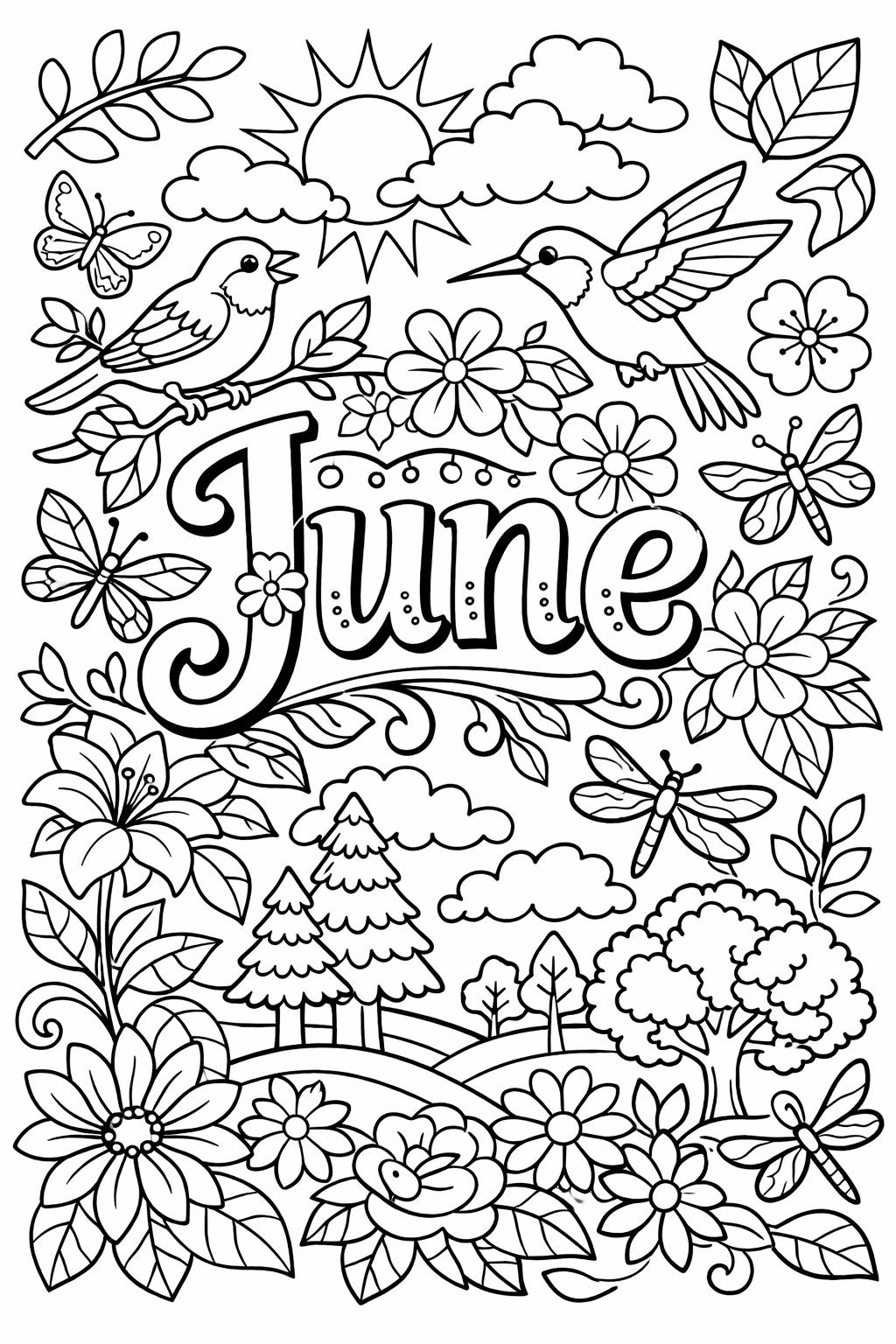 June calendar coloring page | monthly planner illustration | seasonal coloring sheet