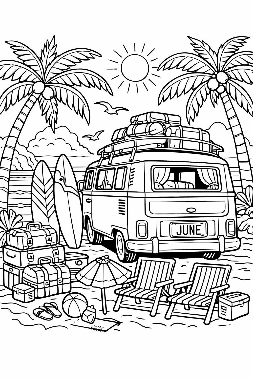 beach June coloring page | ocean summer scene | fun vacation artwork
