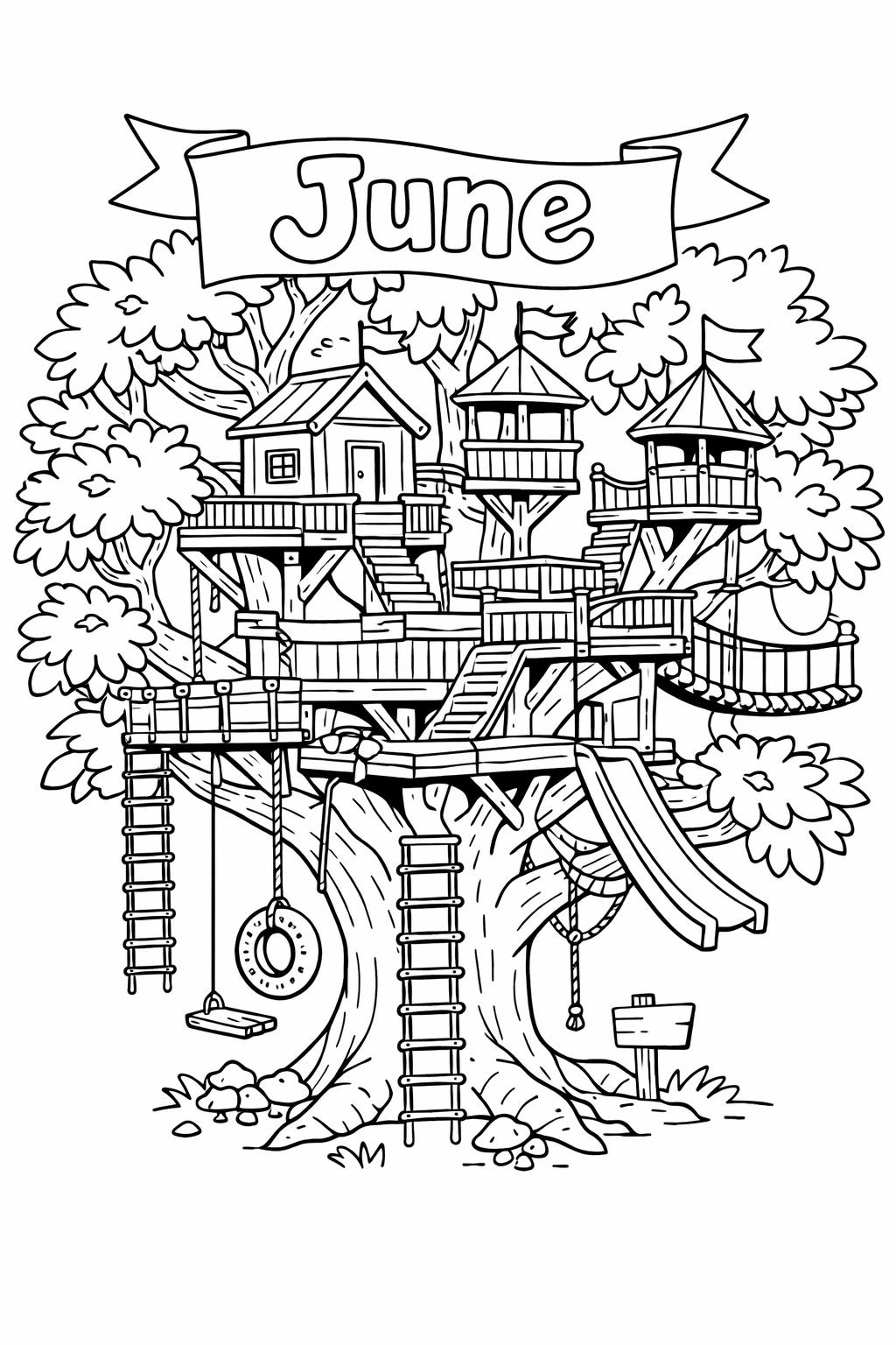 nature in June page | outdoor seasonal illustration | relaxing coloring sheet