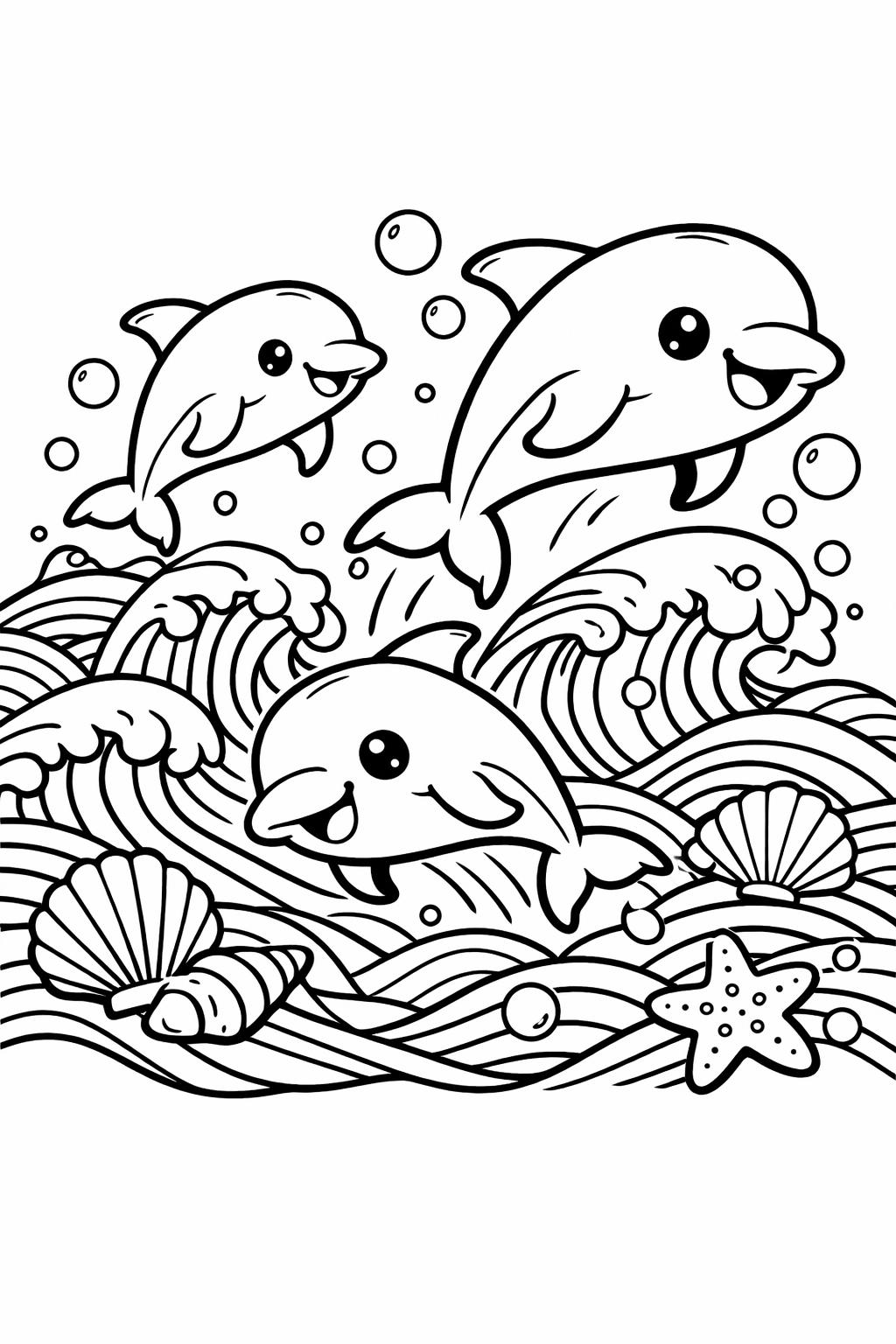 Three cheerful dolphins leap over stylized waves with seashells and a starfish on the beach-themed scene.