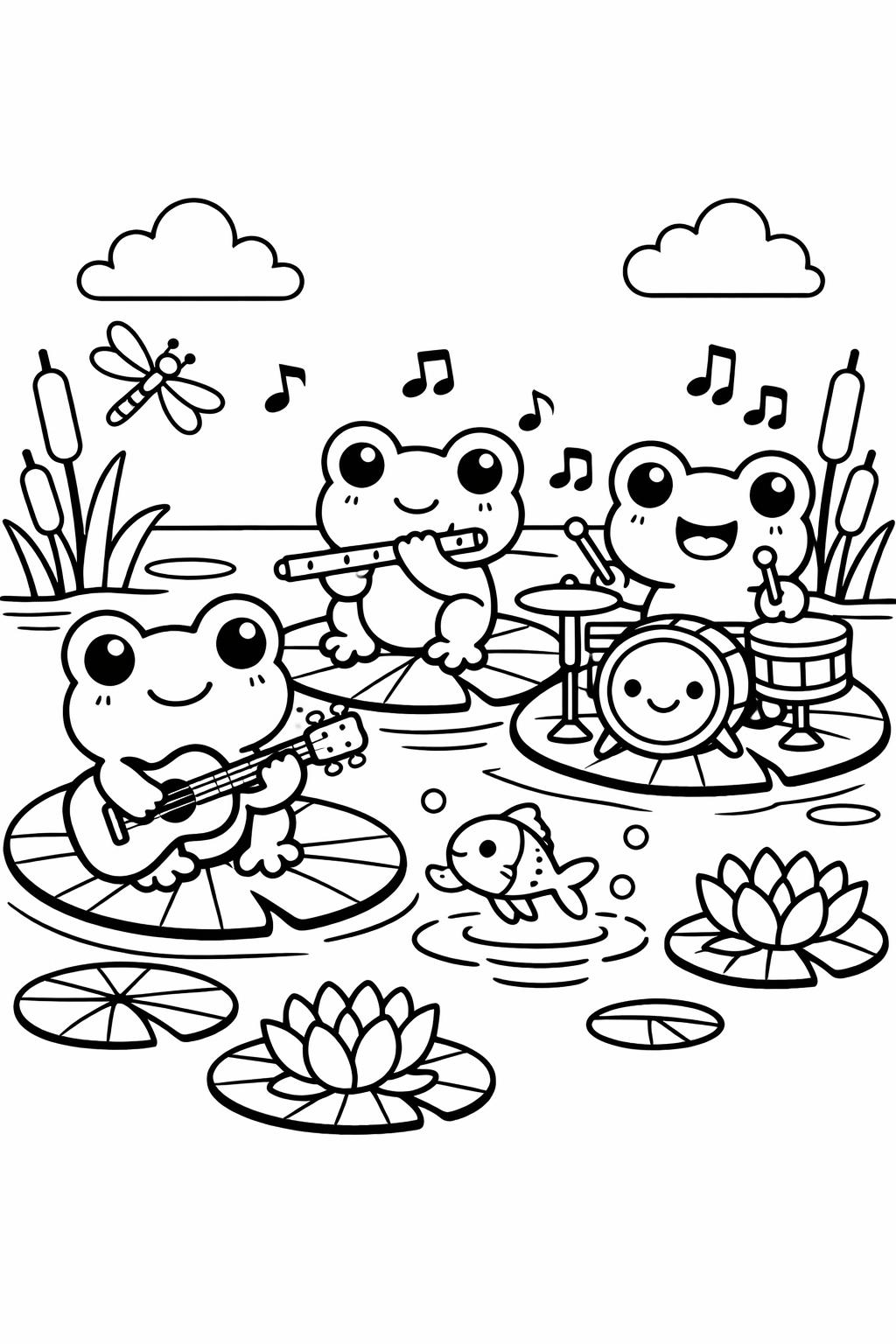 Three frogs on lily pads in a pond, playing guitar, flute, and drums while a dragonfly buzzes nearby.