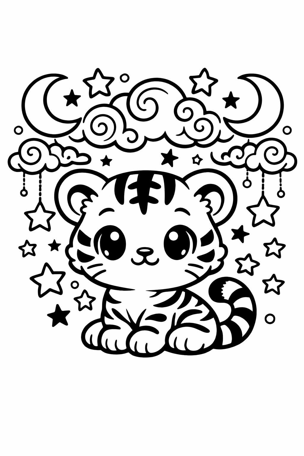 kawaii tiger coloring page | adorable striped animal | jungle coloring artwork