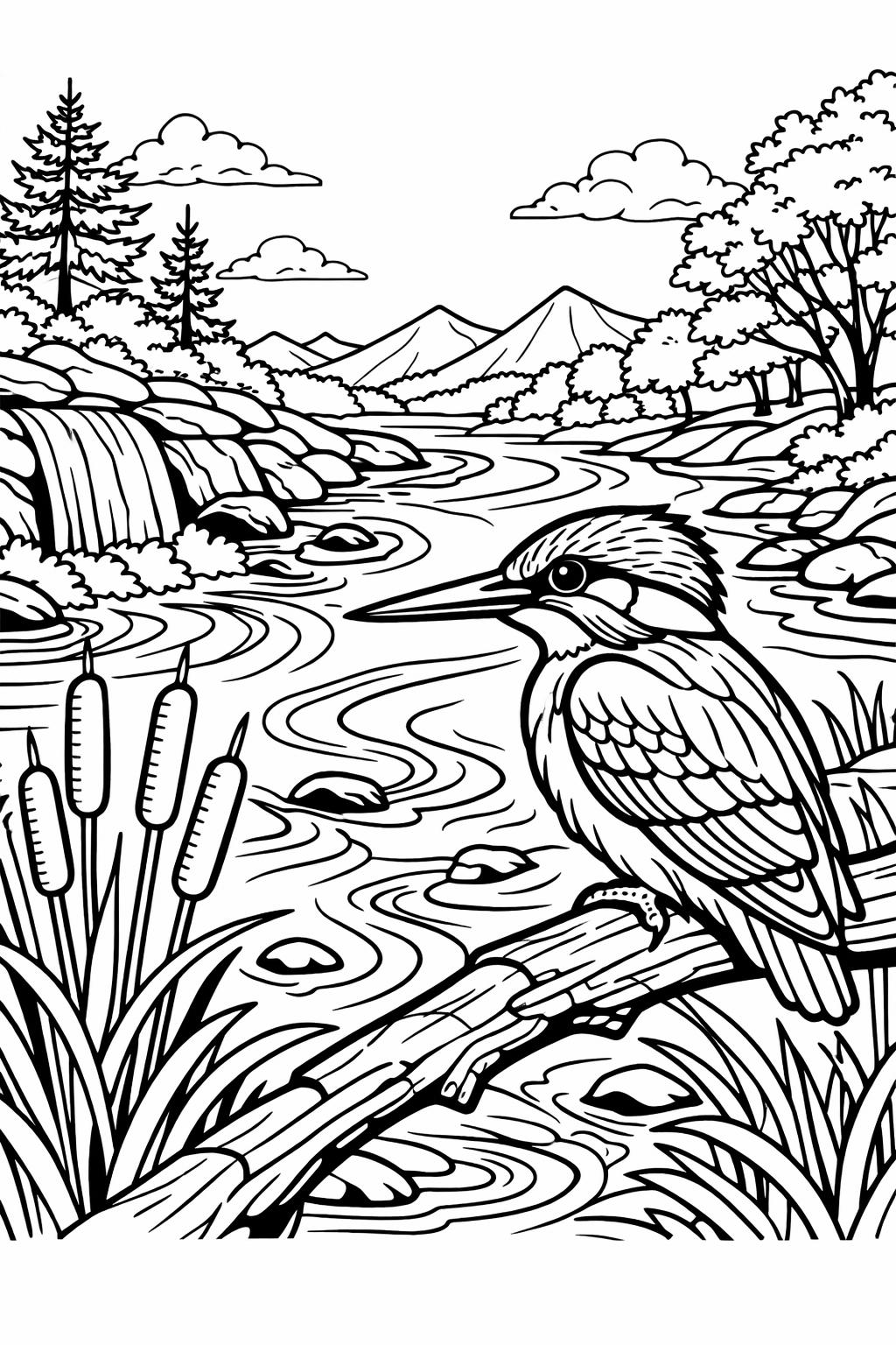 Line drawing of a riverside landscape with a heron perched on a log, cattails in the foreground, and a winding river flanked by trees, rocks, and distant mountains and a waterfall in the background.