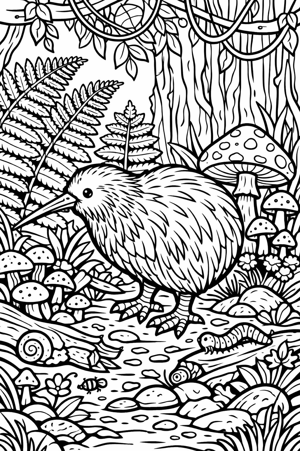 Line drawing of a long-beaked wading bird among ferns and mushrooms in a jungle-like scene.