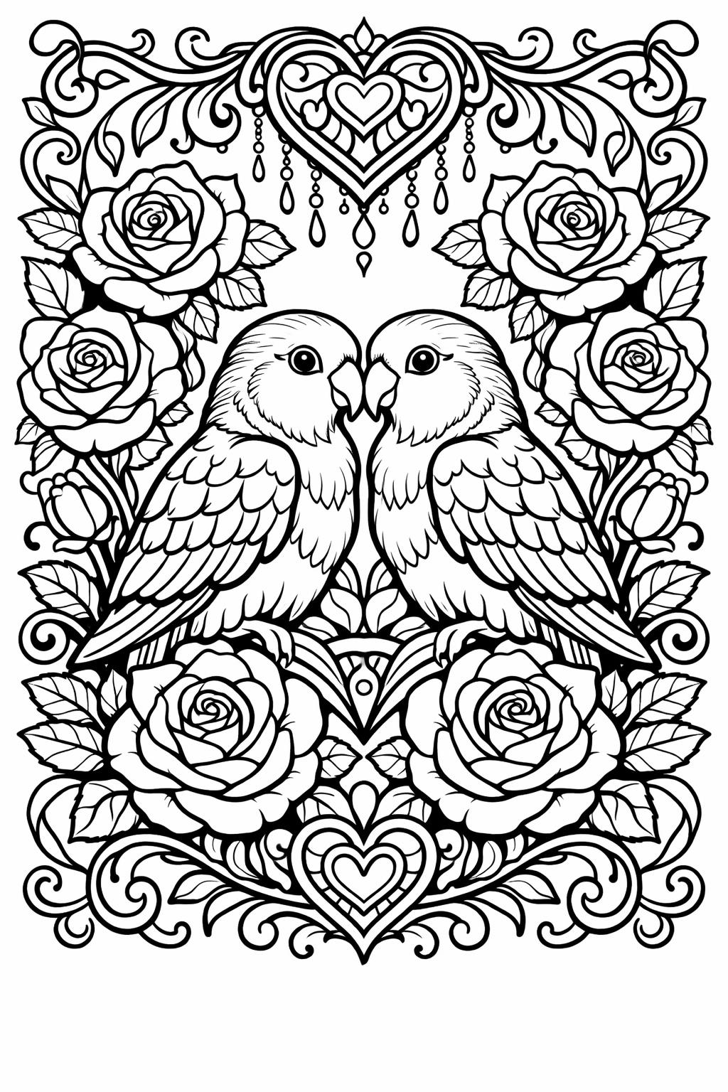 lovebird coloring page | pair of birds illustration | romantic nature artwork