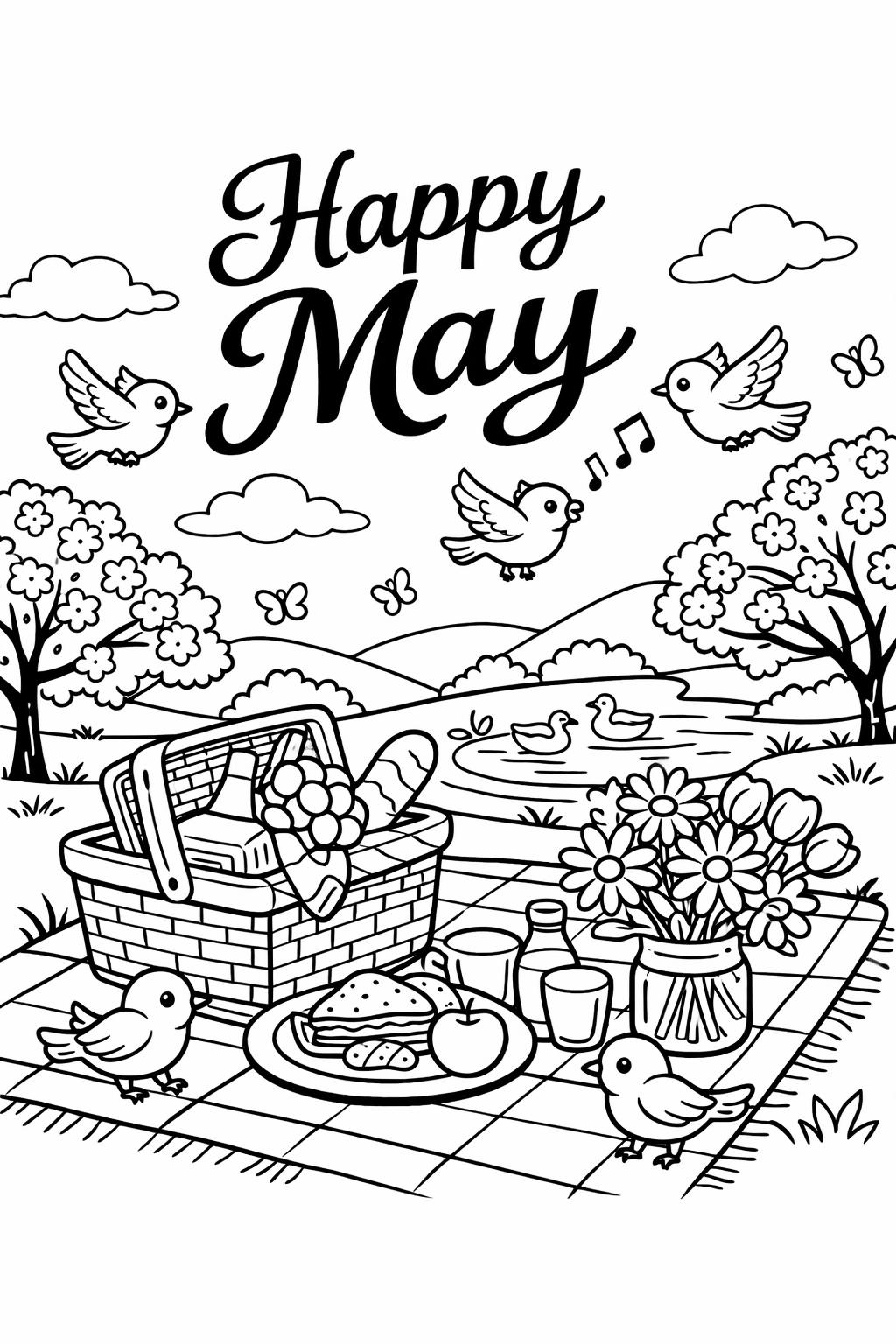 picnic May coloring page | outdoor spring picnic | fun seasonal scene