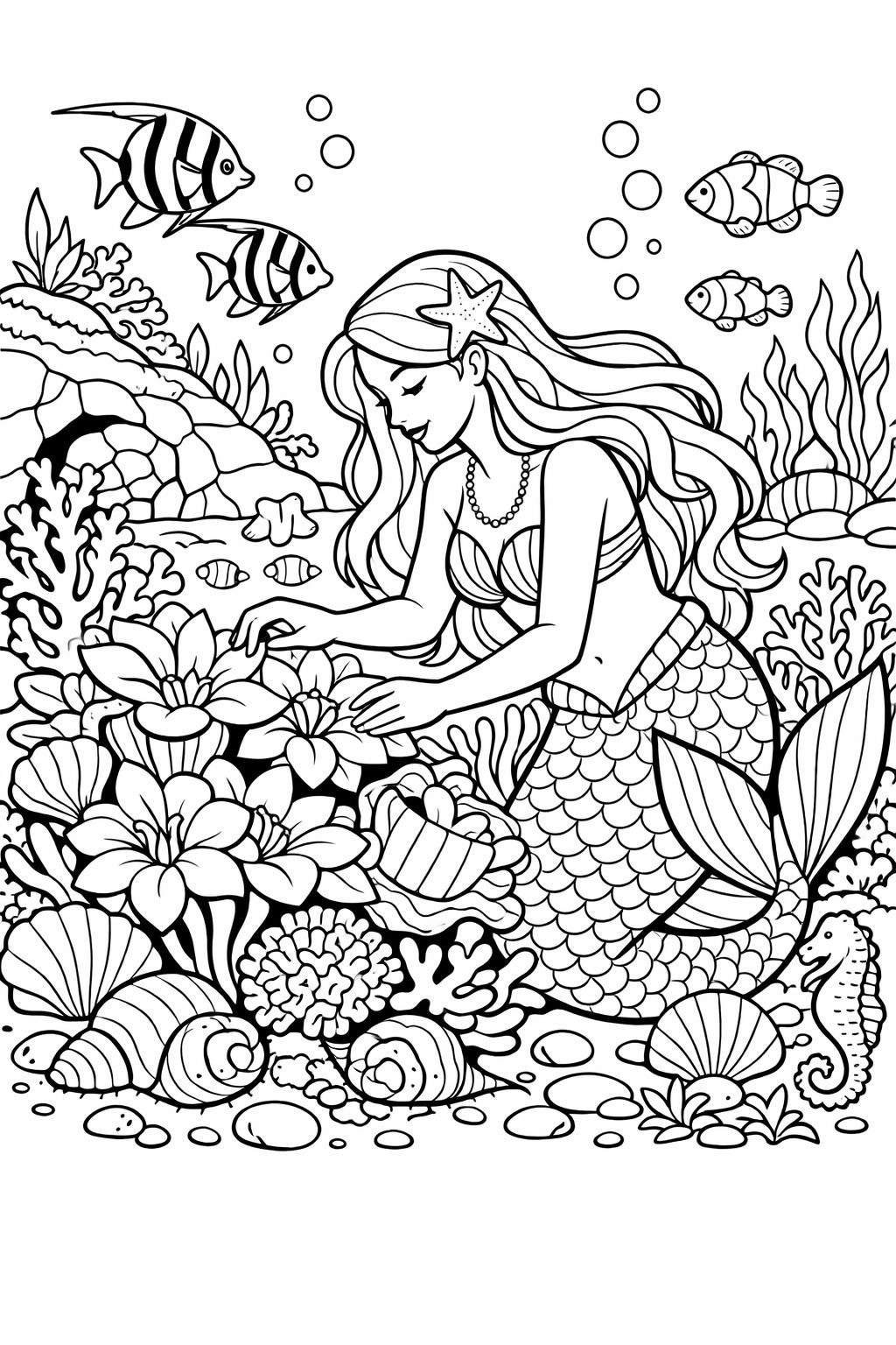 mermaid garden coloring page | underwater floral scene | magical ocean artwork
