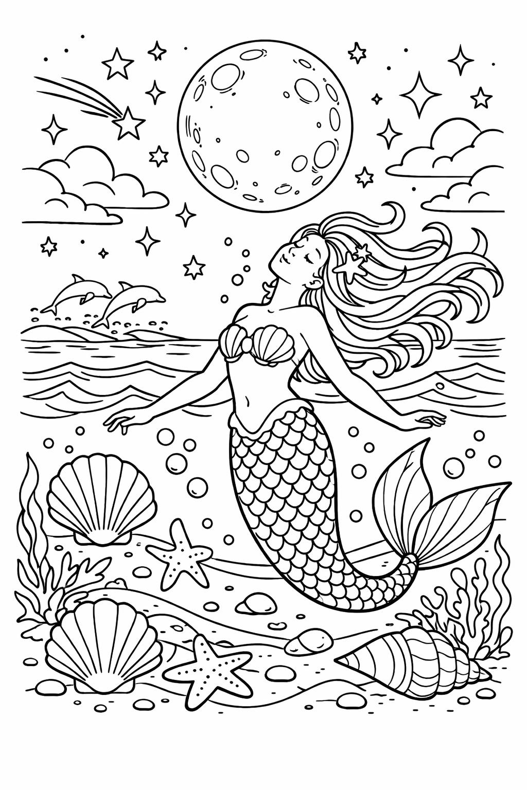 mermaid shell coloring page | seashell ocean artwork | fantasy beach illustration