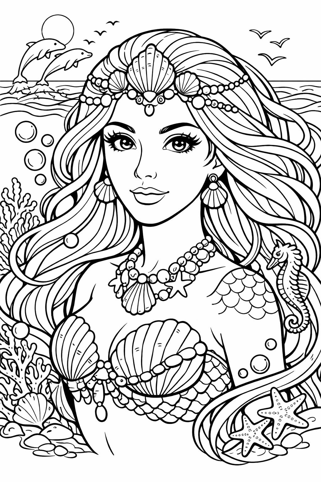 Mermaid with flowing hair, shell top, and pearl jewelry underwater among seashells and starfish, seahorse nearby.