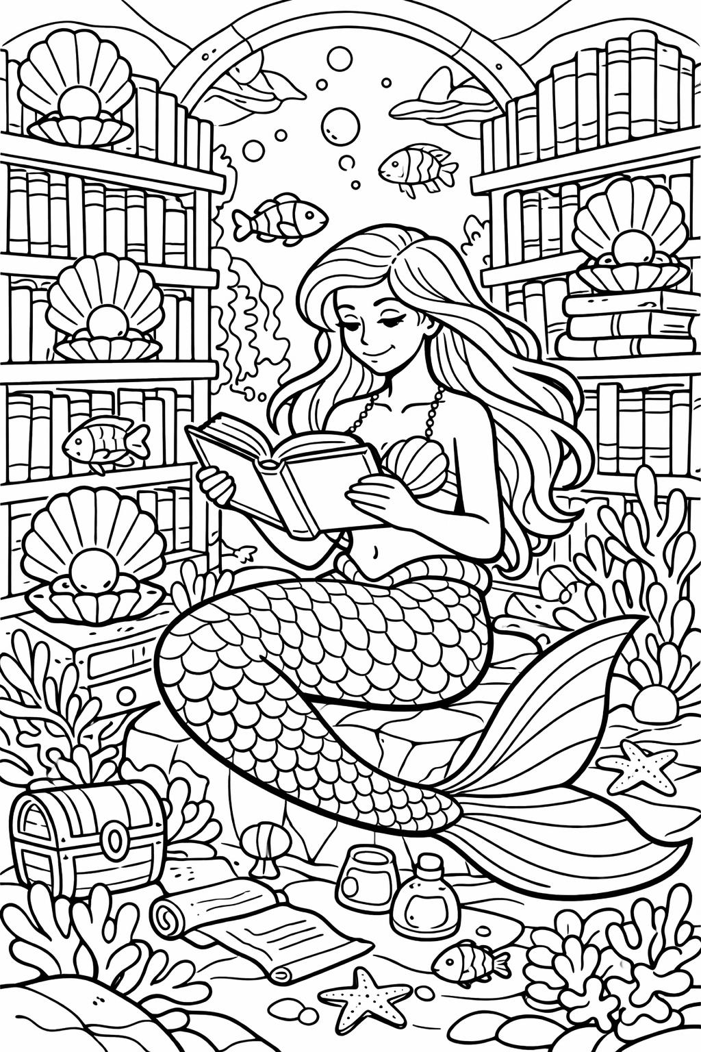 mermaid and fish page | ocean life illustration | relaxing underwater artwork