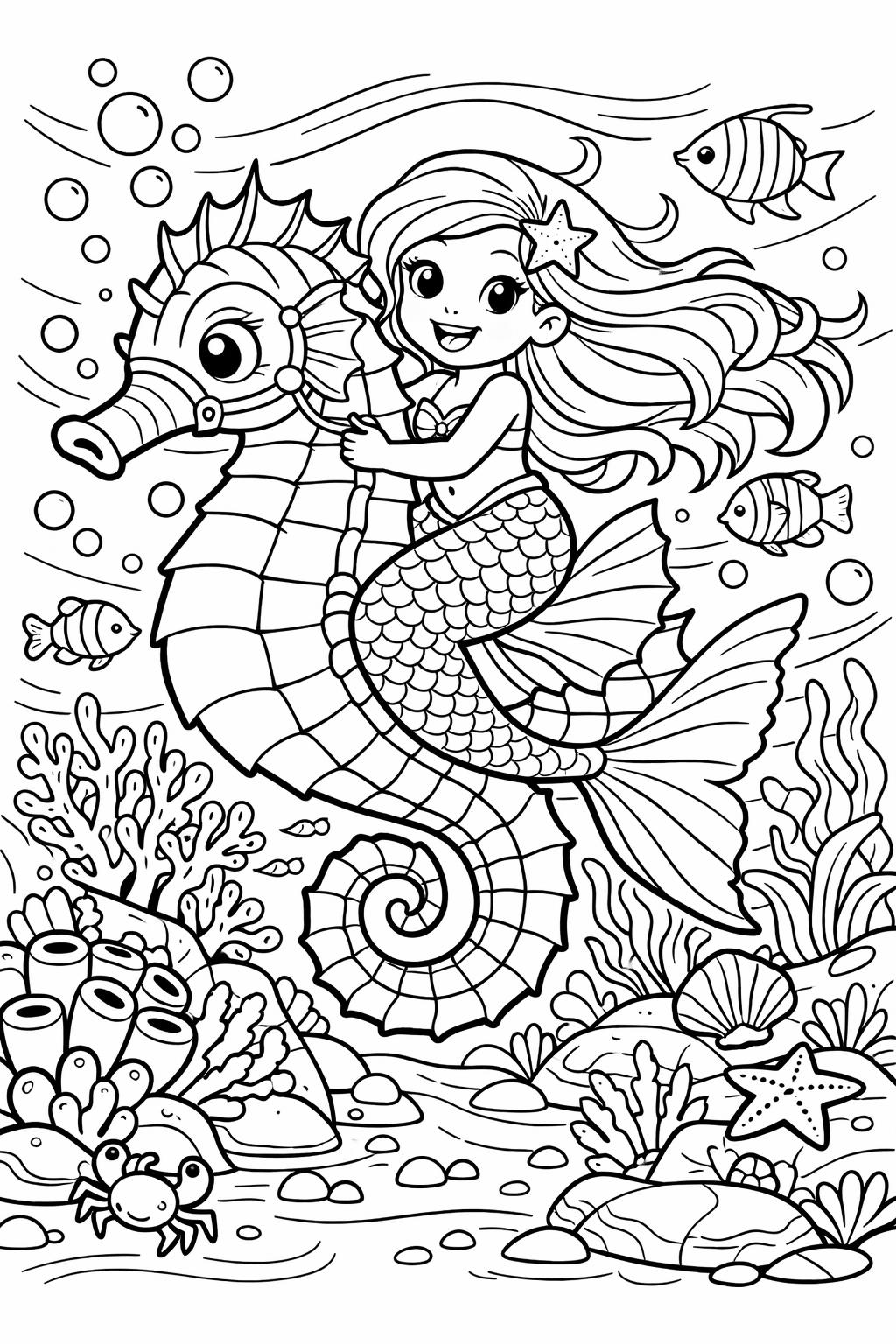 mermaid princess coloring page | royal underwater character | whimsical coloring sheet