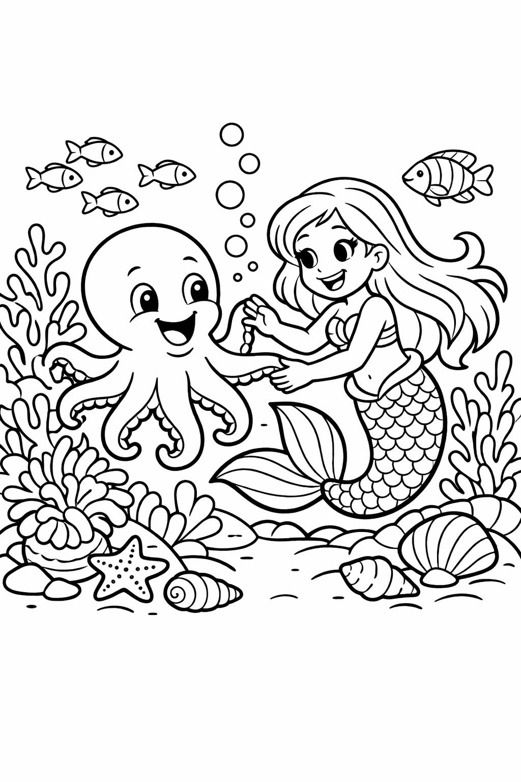 ocean princess coloring page | magical underwater royalty | whimsical fantasy artwork