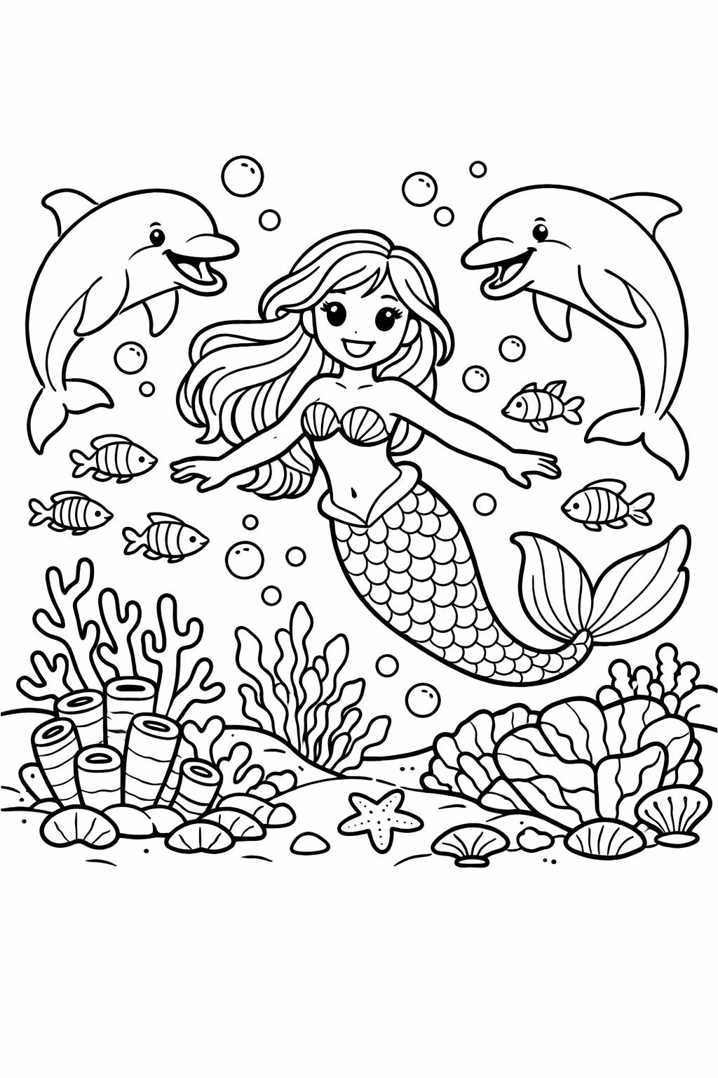 mermaid and dolphin page | underwater friendship scene | ocean fantasy artwork