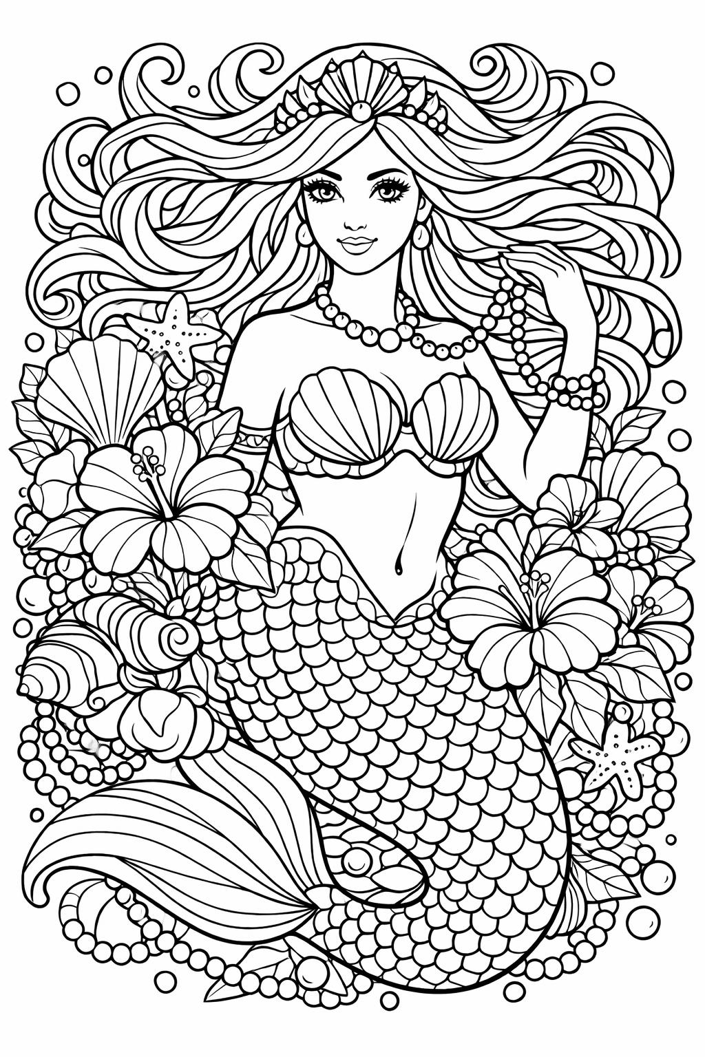 realistic mermaid coloring page | detailed mermaid design | fantasy ocean illustration