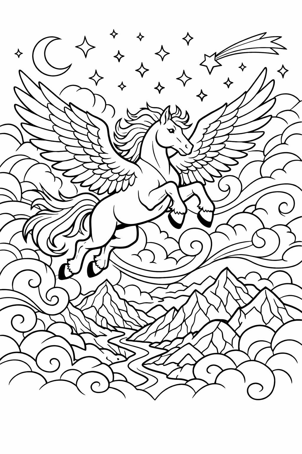 winged horse coloring page | mythical Pegasus illustration | fantasy creature artwork